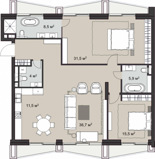 Двухкомнатная квартира 126.1 м²