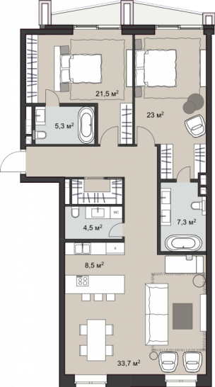 Двухкомнатная квартира 125 м²