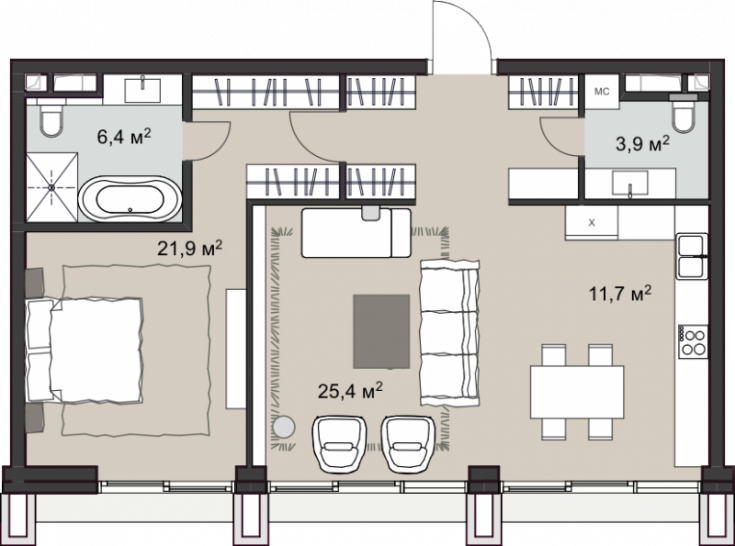 Однокомнатная квартира 79.5 м²