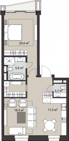 Однокомнатная квартира 70.7 м²