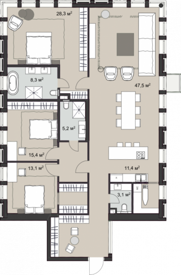 Трёхкомнатная квартира 163.6 м²