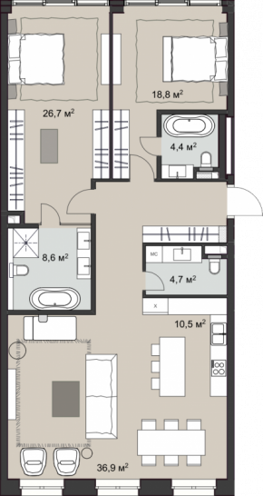 Двухкомнатная квартира 127.3 м²