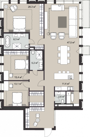 Трёхкомнатная квартира 163.3 м²