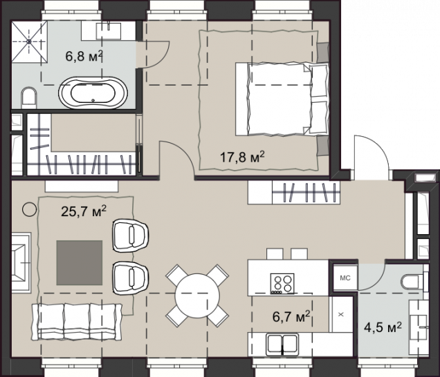 Однокомнатная квартира 73.8 м²