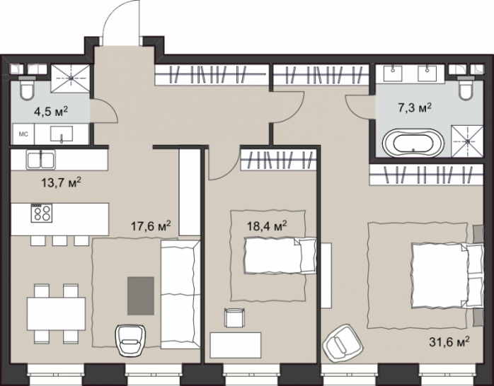 Двухкомнатная квартира 107 м²