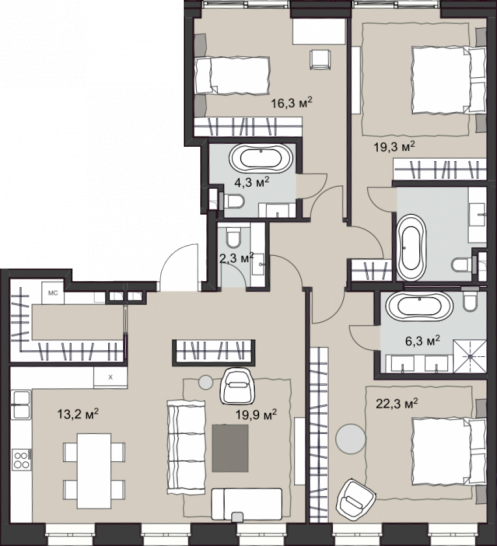Трёхкомнатная квартира 131.5 м²