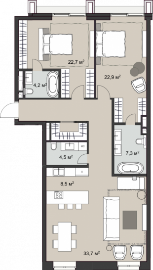 Двухкомнатная квартира 125 м²