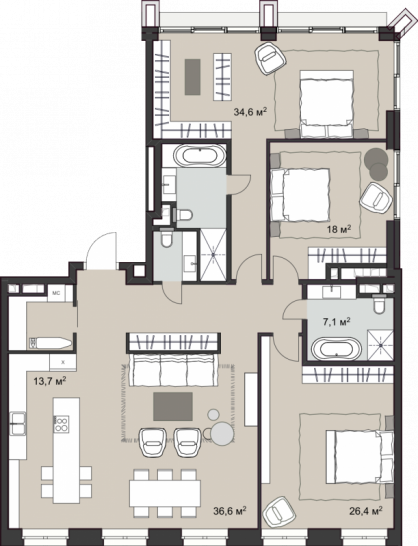 Трёхкомнатная квартира 172.5 м²